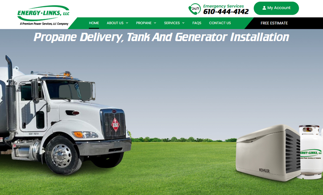 Propane delivery truck hero banner for Energy-Link website showcasing residential tank and generator installation