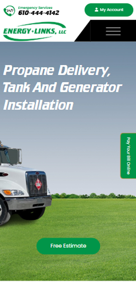 Mobile hero header section reading Tank And Generator Installation for Energy-Link