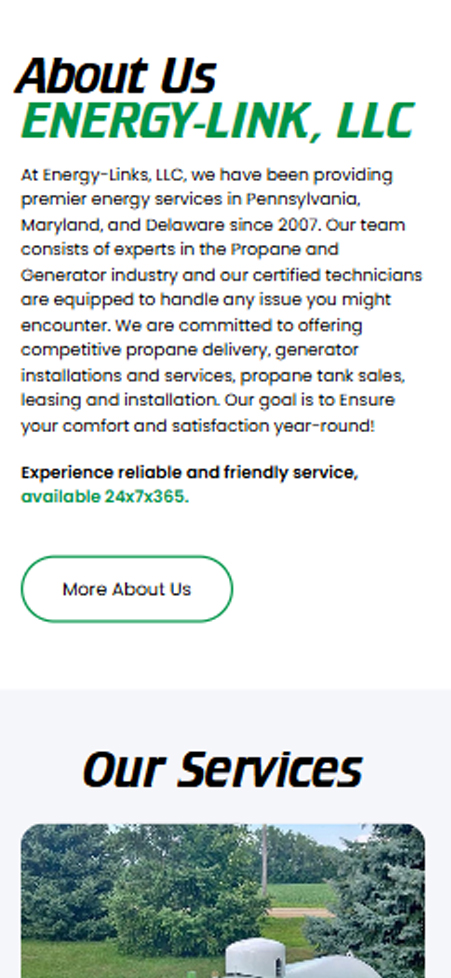 Text-focused mobile webpage layout for Energy-Link detailing tank leasing and generator technicians