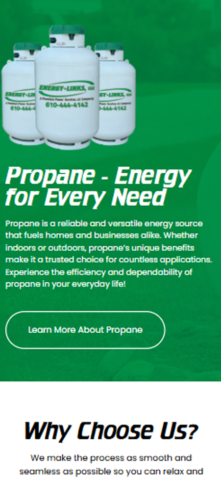 Green promotional banner reading Propane - Energy for Every Need on Energy-Link mobile web section