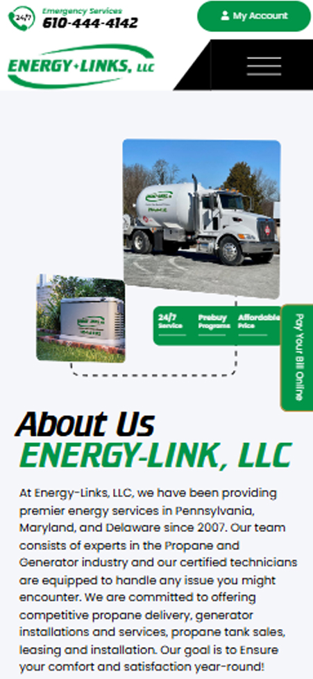 Propane tank installation and delivery truck photos on Energy-Link mobile website layout