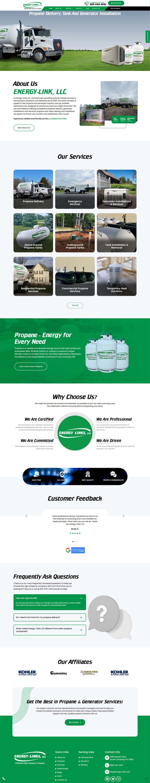 Full desktop homepage layout design for Energy-Link propane delivery and generator installation company
