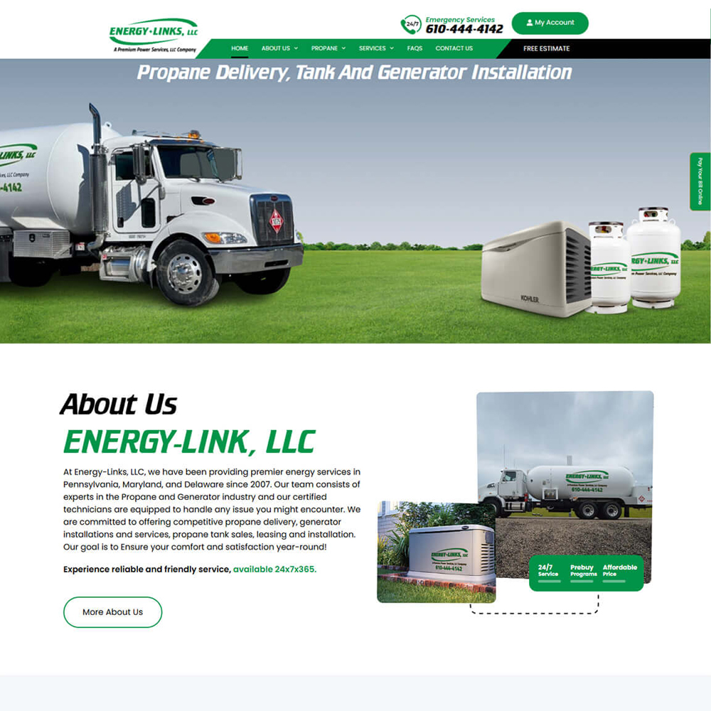 Energy-Link website homepage showcase featuring propane delivery truck hero banner and corporate services