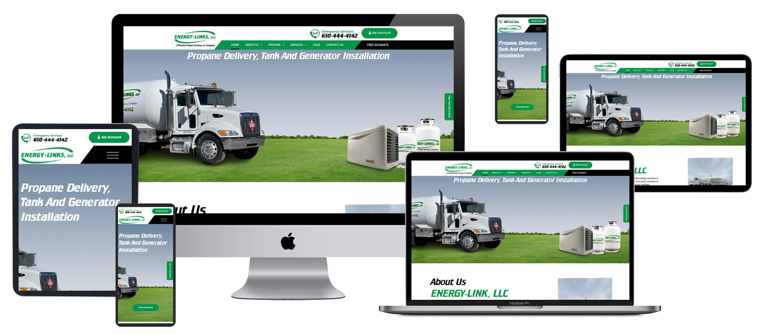 Responsive website design mockup shown across laptop, desktop, and mobile screen displays for Energy-Link