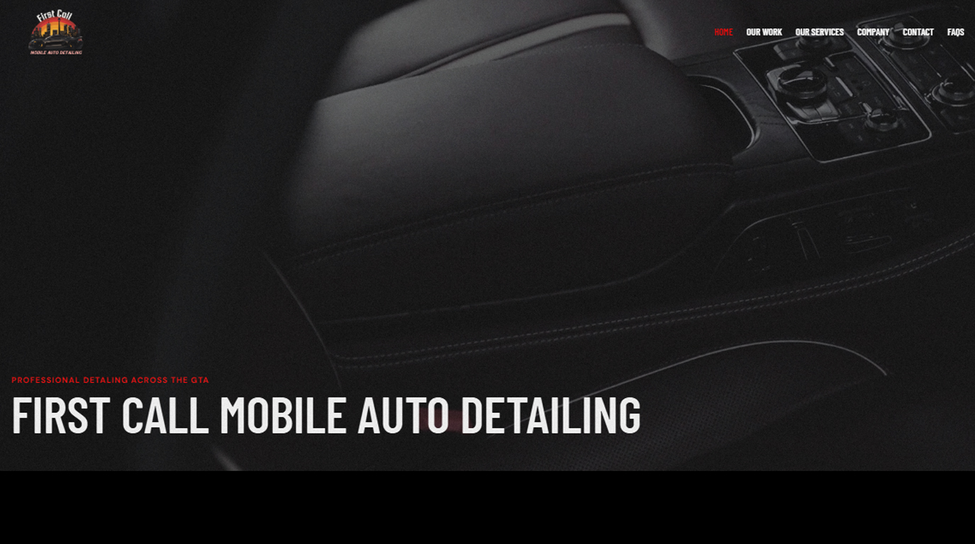 Wide website featured banner for First Call Mobile Auto Detailing showcasing dark luxury leather seat texture