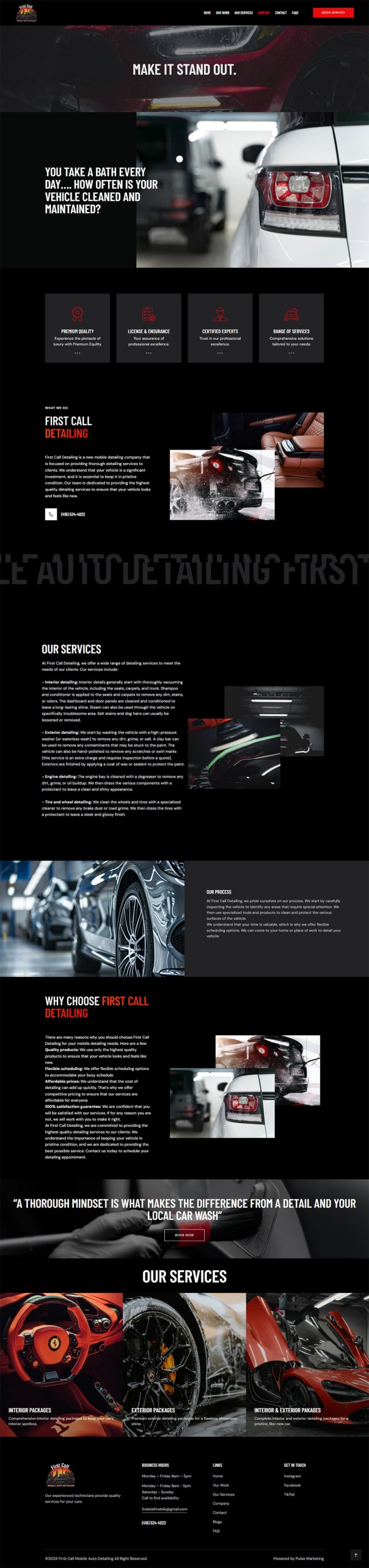 Desktop webpage layout section for First Call showing dark UI corporate services and business solutions