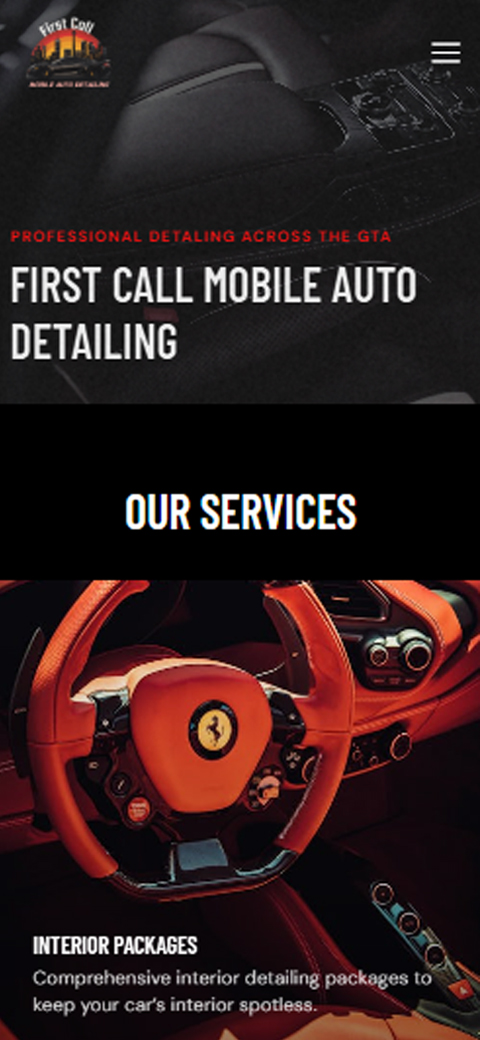 Mobile hero section for First Call Mobile Auto Detailing with Our Services header over red sports car interior