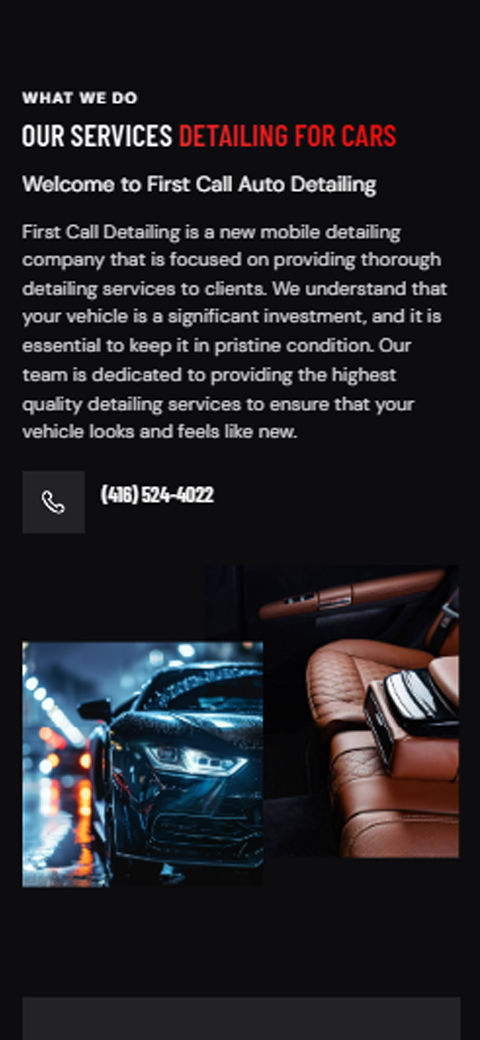 Mobile layout card for First Call detailing team dedication to pristine condition with tap-to-call phone icon