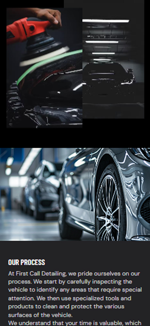 Mobile layout card for First Call displaying glossy metallic blue car finish and high-end paint restoration photo