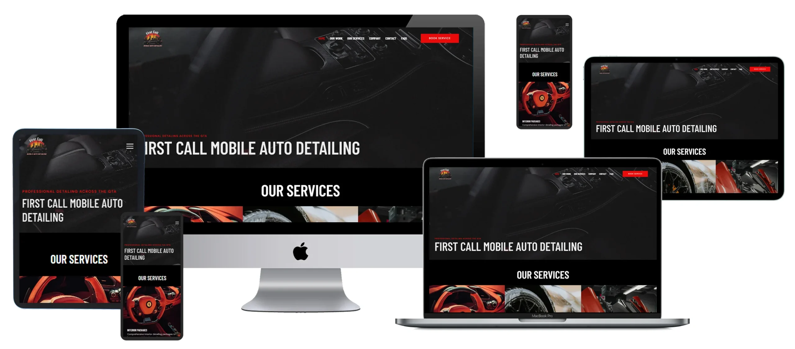 Multi-device screen mockup displaying First Call Mobile Auto Detailing website across desktop monitor, laptop, and smartphone