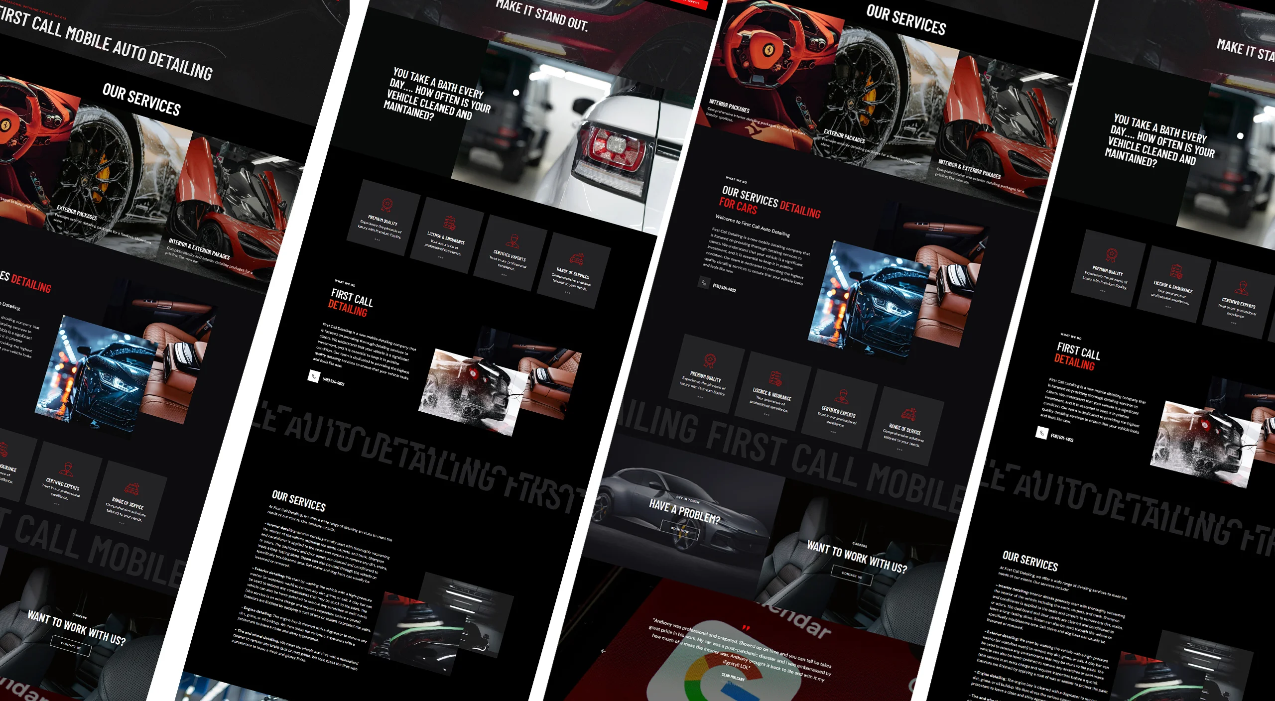 Isometric perspective grid display showing sleek dark red and black automotive towing website layouts for First Call Mobile Auto Detailing