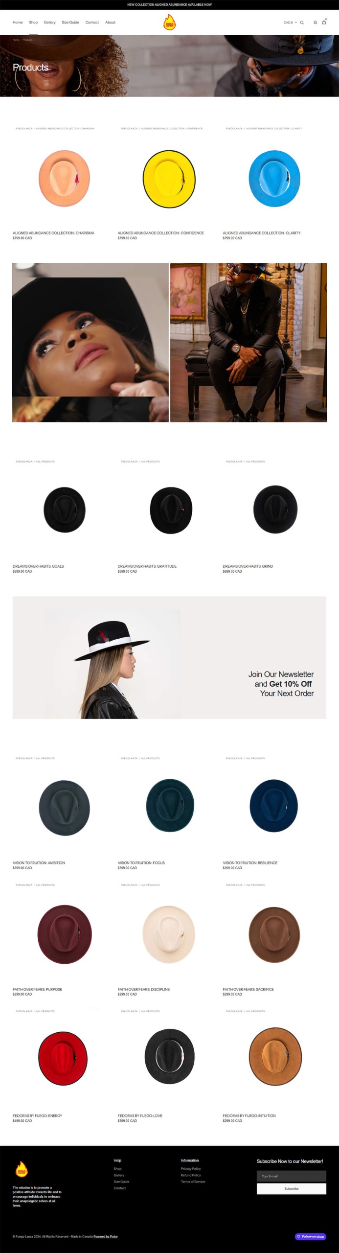 Minimalist desktop webpage layout section for Fuego fashion label featuring wide brim hat photoshoot and clean typography