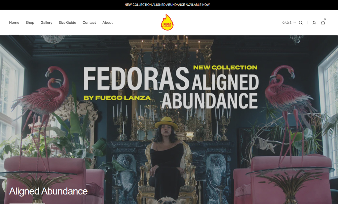 Wide website featured banner reading New Collection Fedoras Aligned Abundance by Fuego Lanza
