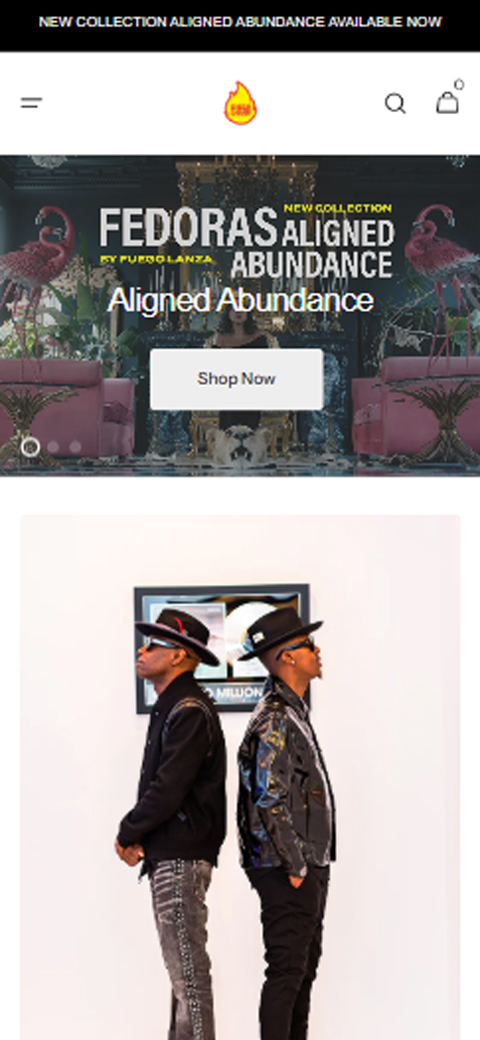 Mobile hero section for Fuego reading Aligned Abundance with Shop Now button set against luxury pink lounge interior