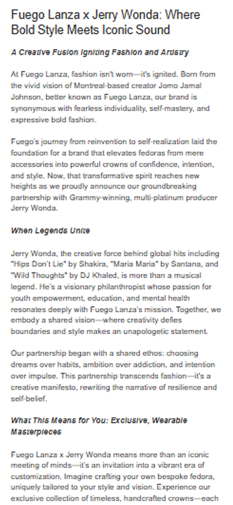 Mobile layout card for Fuego reading When Legends Unite detailing brand history and high-fashion philosophy