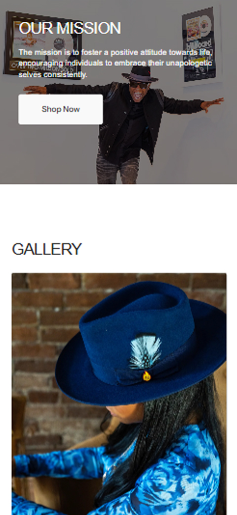 Mobile webpage gallery section for Fuego featuring royal blue fedora hat against brick wall