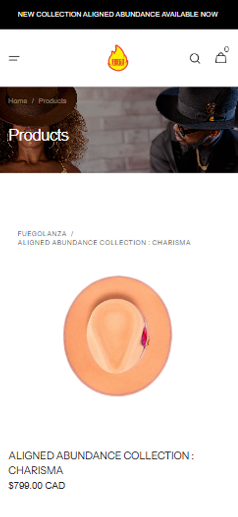 Mobile layout card for Fuego displaying orange luxury fedora hat against beige background