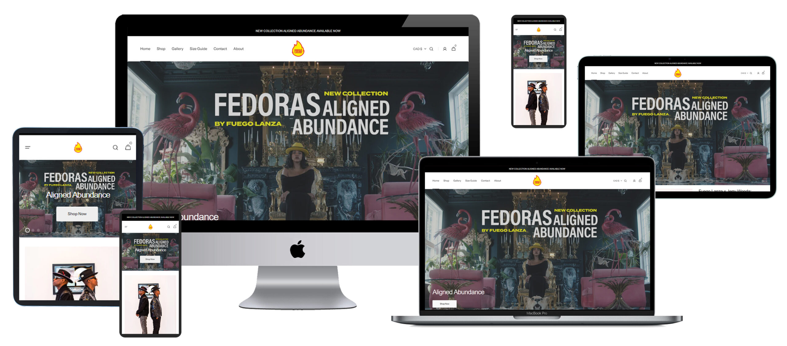 Multi-device screen mockup displaying Fuego Fedoras Aligned Abundance website across desktop and mobile screens