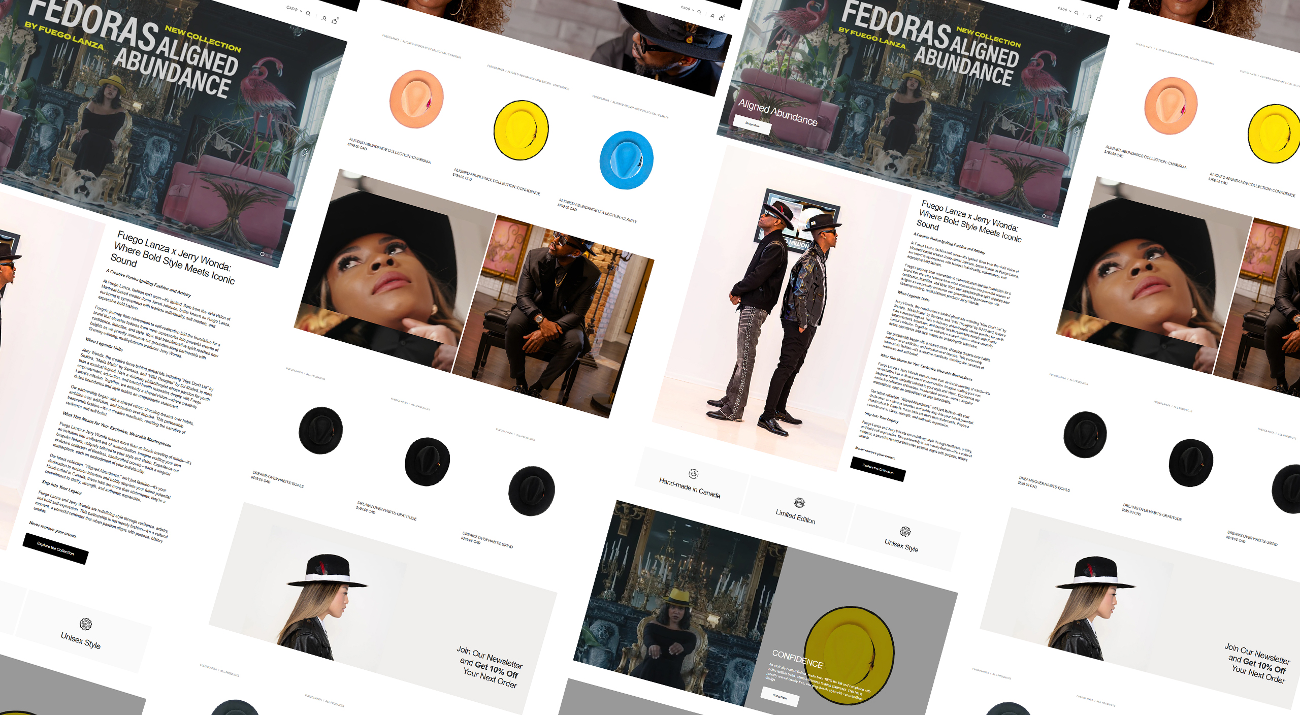 Isometric perspective grid display showing luxury fedoras and fashion lookbook webpage layouts for Fuego