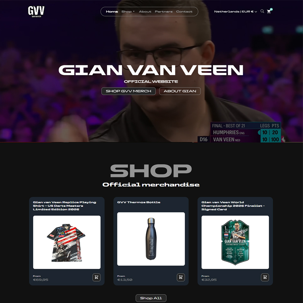 Web design portfolio layout for Gian van Veen displaying hero banner and official GVV merchandise store section