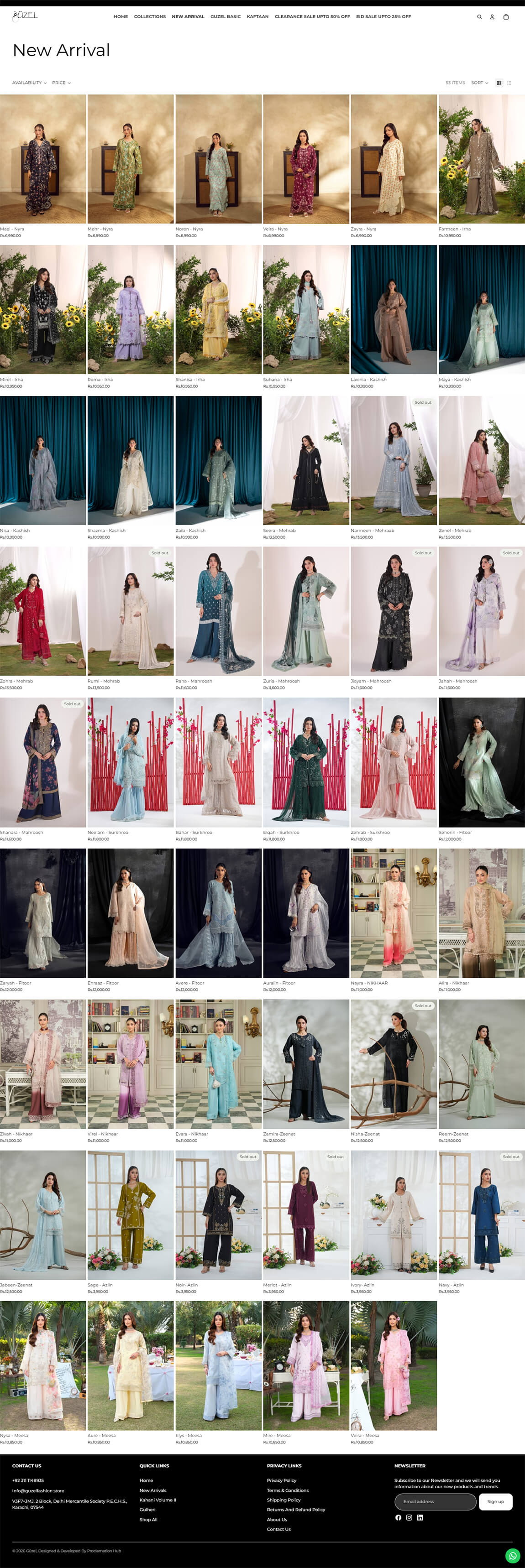 Desktop webpage layout section for Guzel showing structured photo grids of Pakistani luxury lawn suits