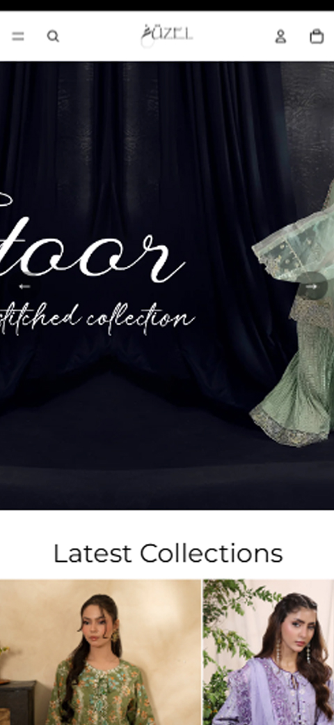Dark luxury mobile hero section reading Fitoor Unstitched Collection with mint green suit preview