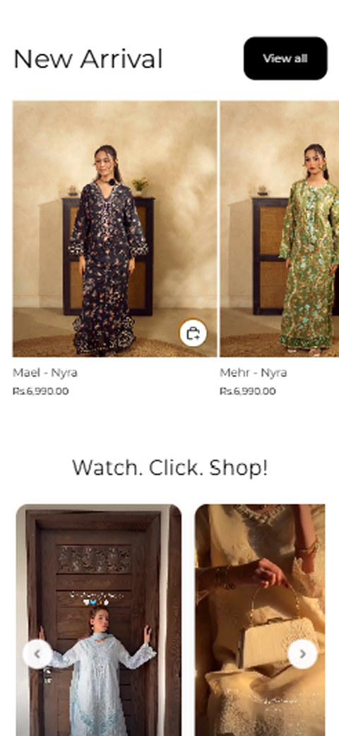 Mobile product cards displaying Misaal and Maahi suits with pricing from Nyra festive collection