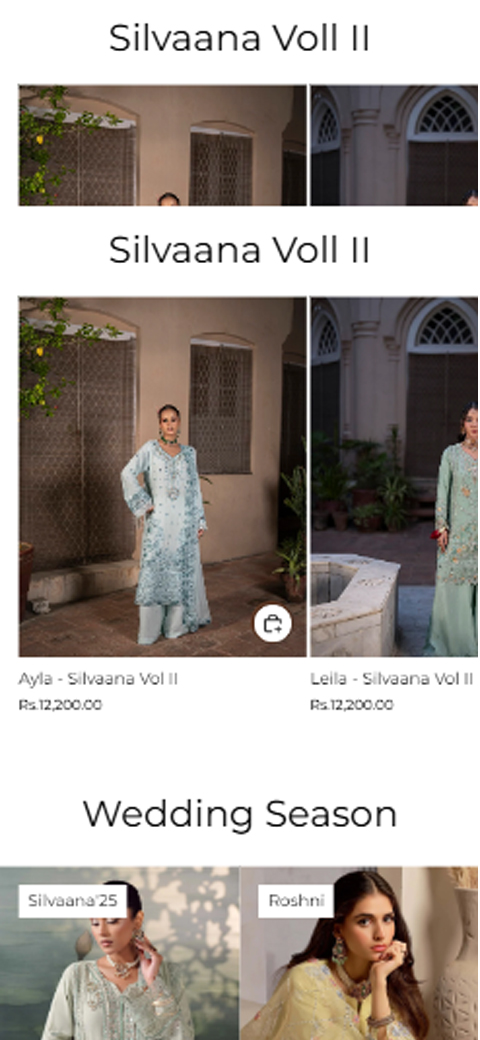 Mobile layout cards showing model in ice blue flared palazzo suit posed in traditional outdoor courtyard