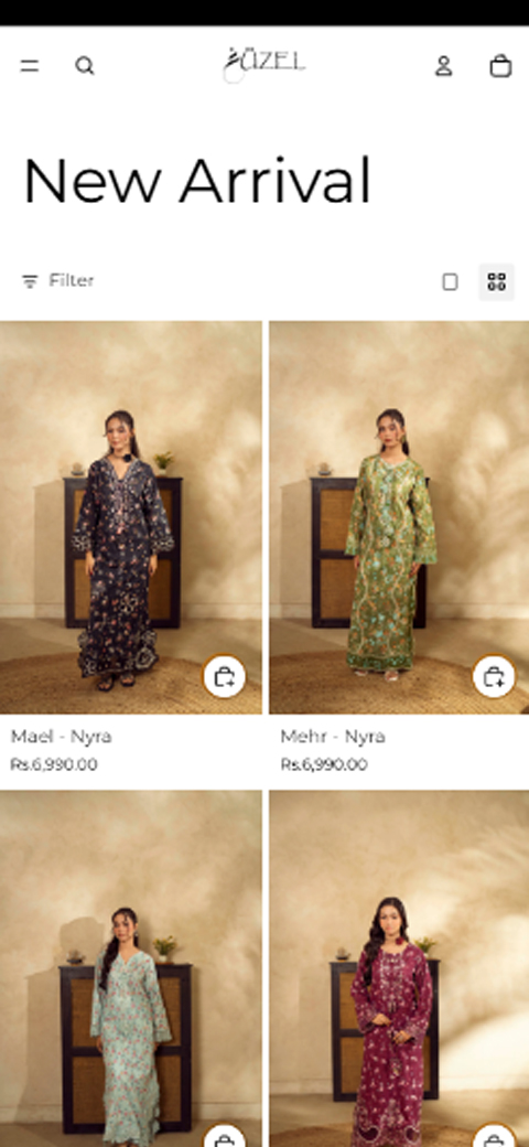 Mobile e-commerce product cards showing models wearing patterned long tunics and embroidered suits against beige plaster wall