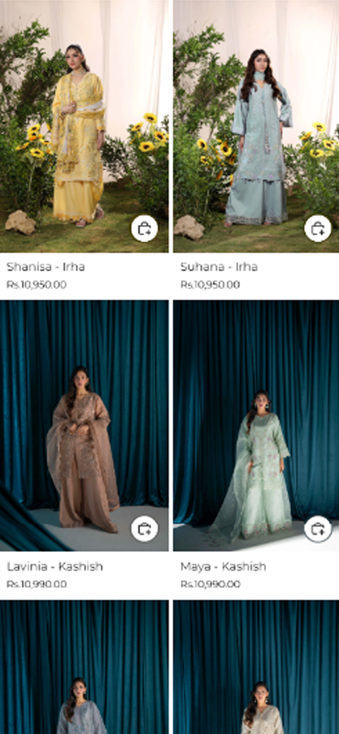 Mobile web product grid displaying Shamisa and Suhana embroidered suits set against teal velvet curtain backdrop