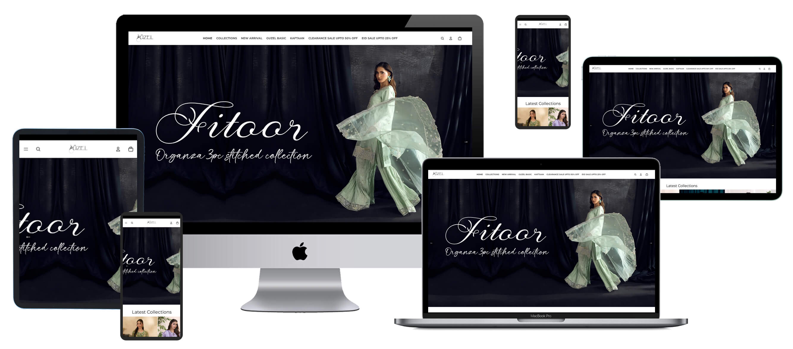 Multi-device screen mockup displaying Guzel dark luxury fashion website across desktop, laptop, and smartphone