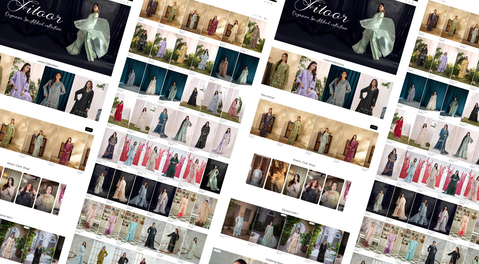 Isometric perspective grid display showing elegant Pakistani luxury lawn and festive wear webpage layouts