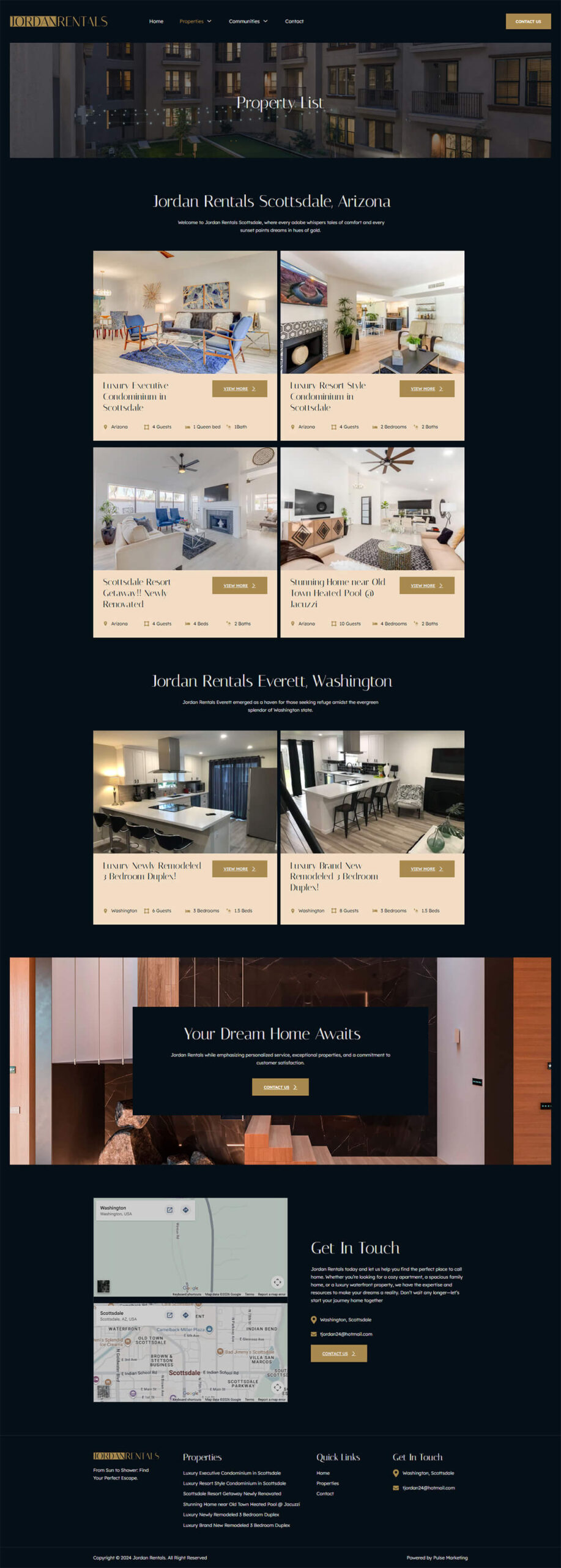 Dark desktop webpage layout section for Jordan Rentals displaying luxury property interior grids and guest amenity highlights