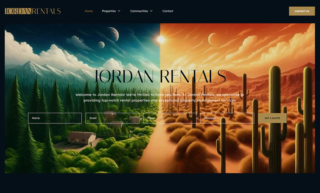 Wide website featured banner reading Jordan Rentals with split lush forest and sunlit desert surreal landscape