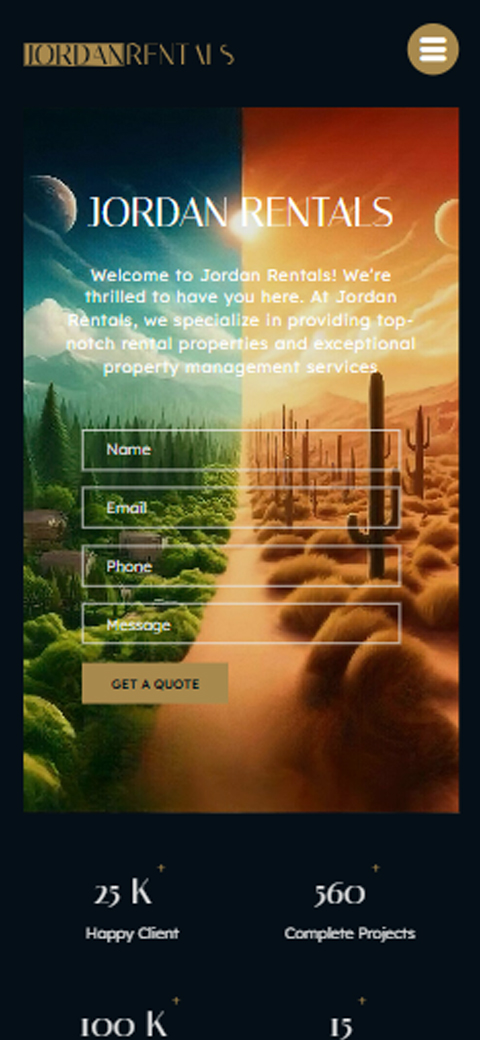 Mobile hero card for Jordan Rentals featuring lead contact form overlaying vibrant desert landscape background