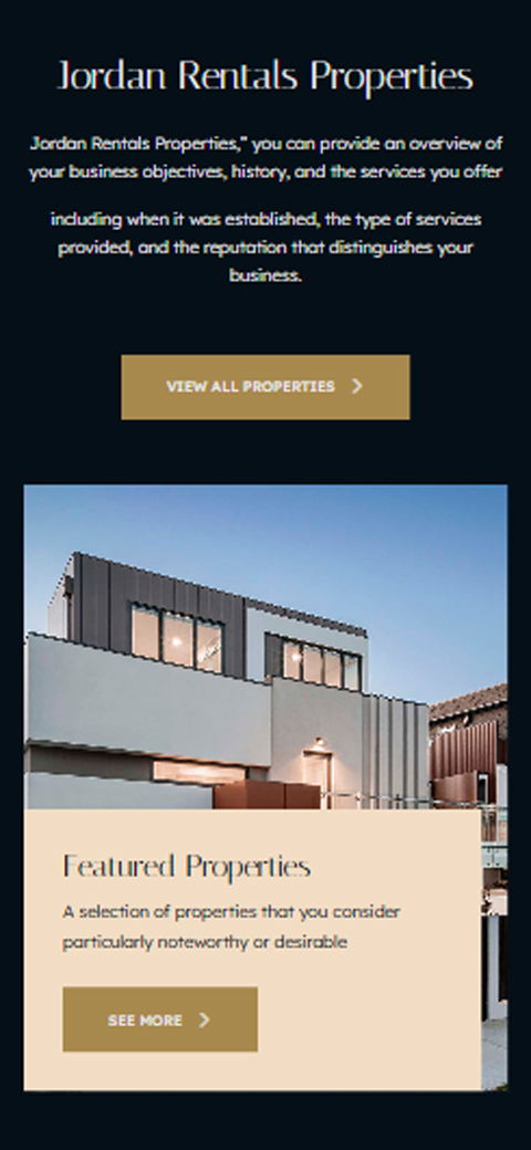 Mobile layout card for Jordan Rentals showing modern architectural building exterior with View All Properties gold button