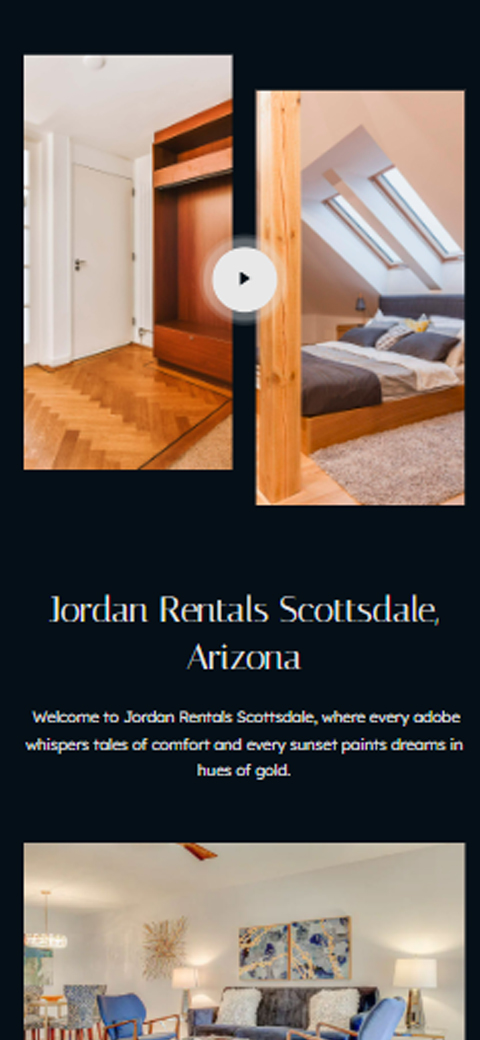 Mobile layout card for Jordan Rentals displaying wooden flooring and master bedroom suite interior photos