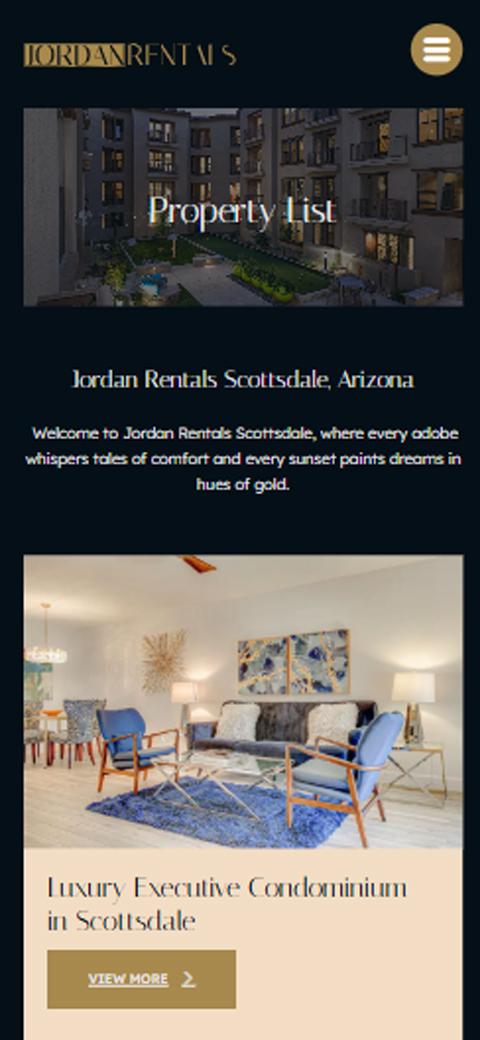 Mobile webpage card reading Jordan Rentals Scottsdale, Arizona with welcoming property host text against dark background