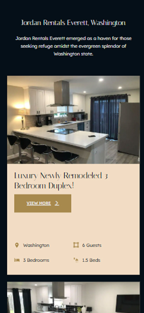 Mobile listing card for Jordan Rentals showing renovated kitchen with white quartz counter reading Luxury Newly Remodeled 3 Bedroom Duplex