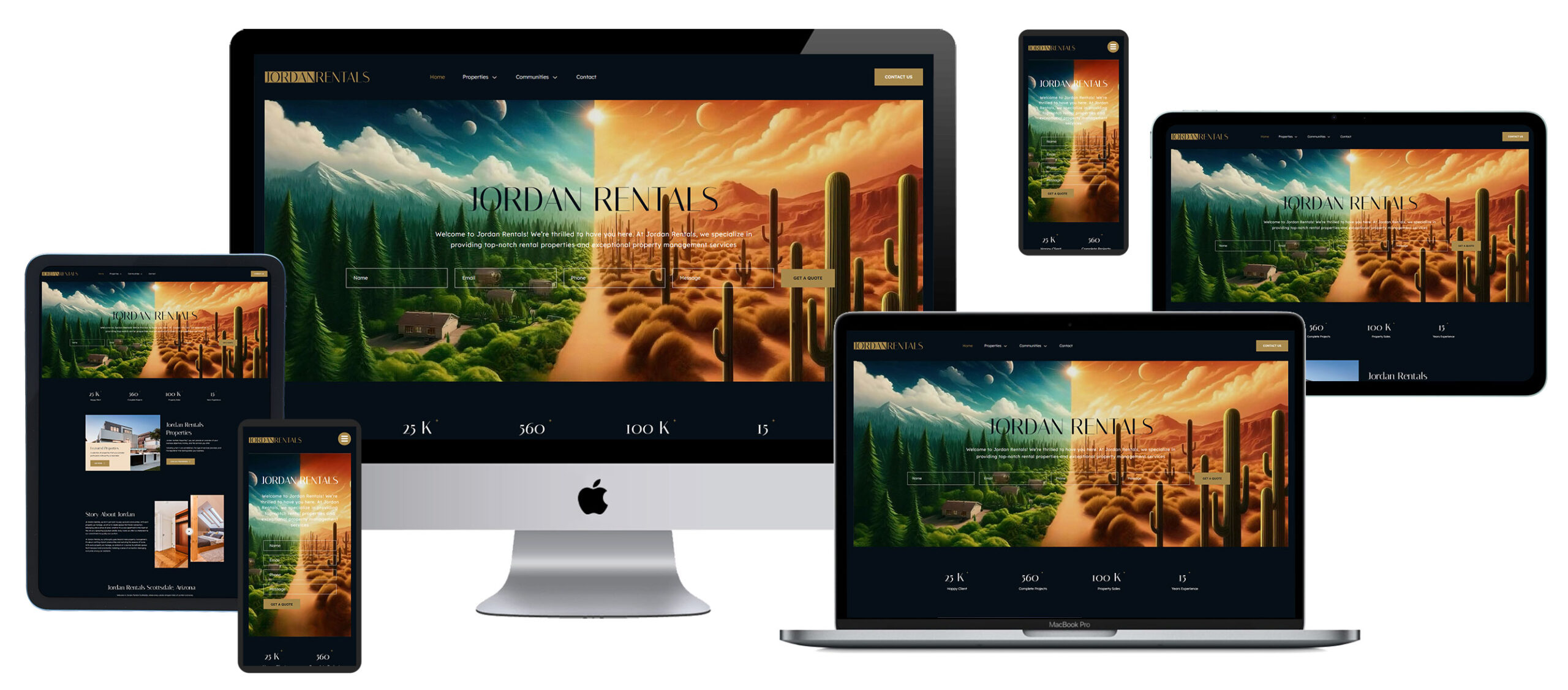 Multi-device screen mockup displaying Jordan Rentals real estate website across desktop monitor, laptop, and mobile smartphone