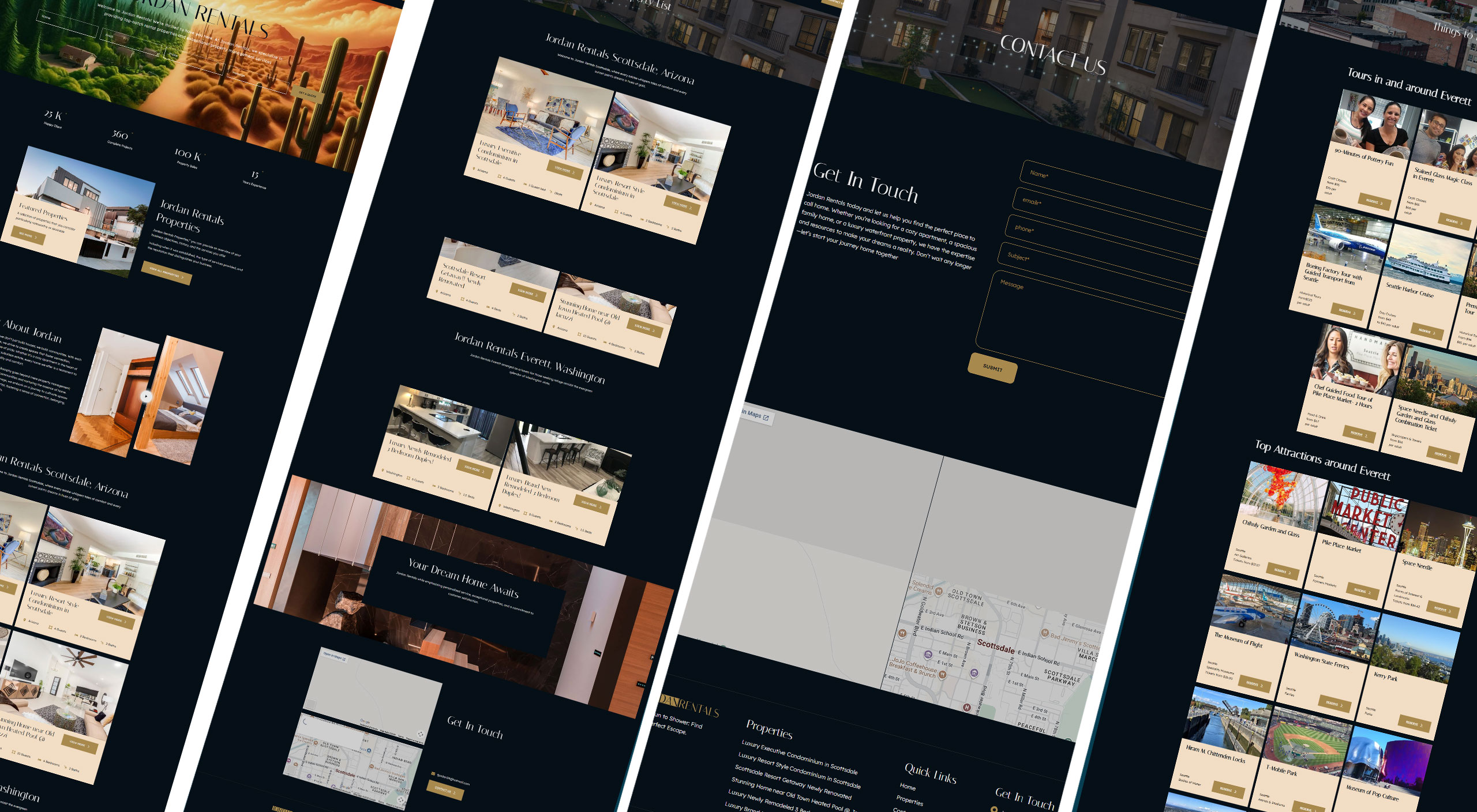 Isometric perspective grid display showing dark luxury real estate and property rental website layouts for Jordan Rentals