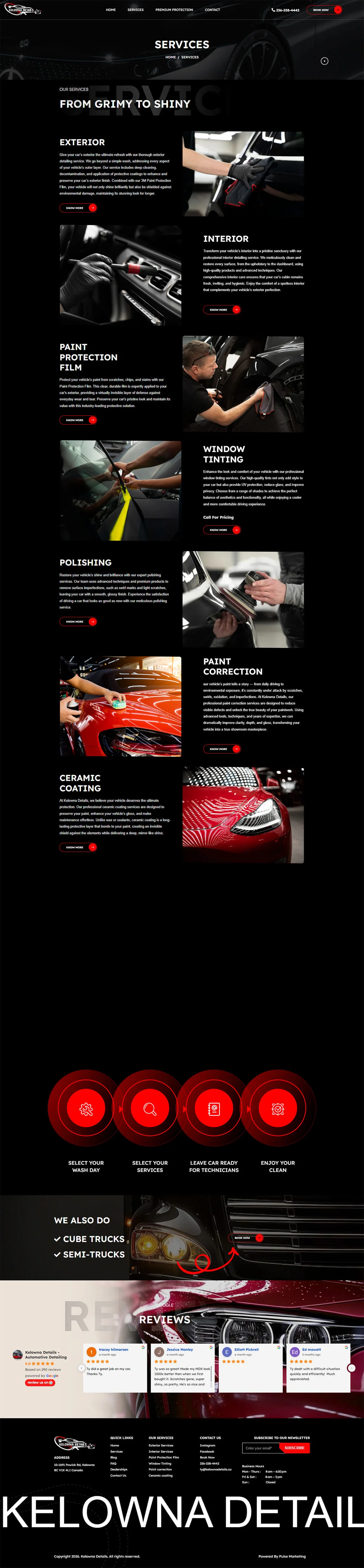 Dark desktop webpage layout section for Kelowna Auto featuring luxury sports car close-ups and performance tuning details