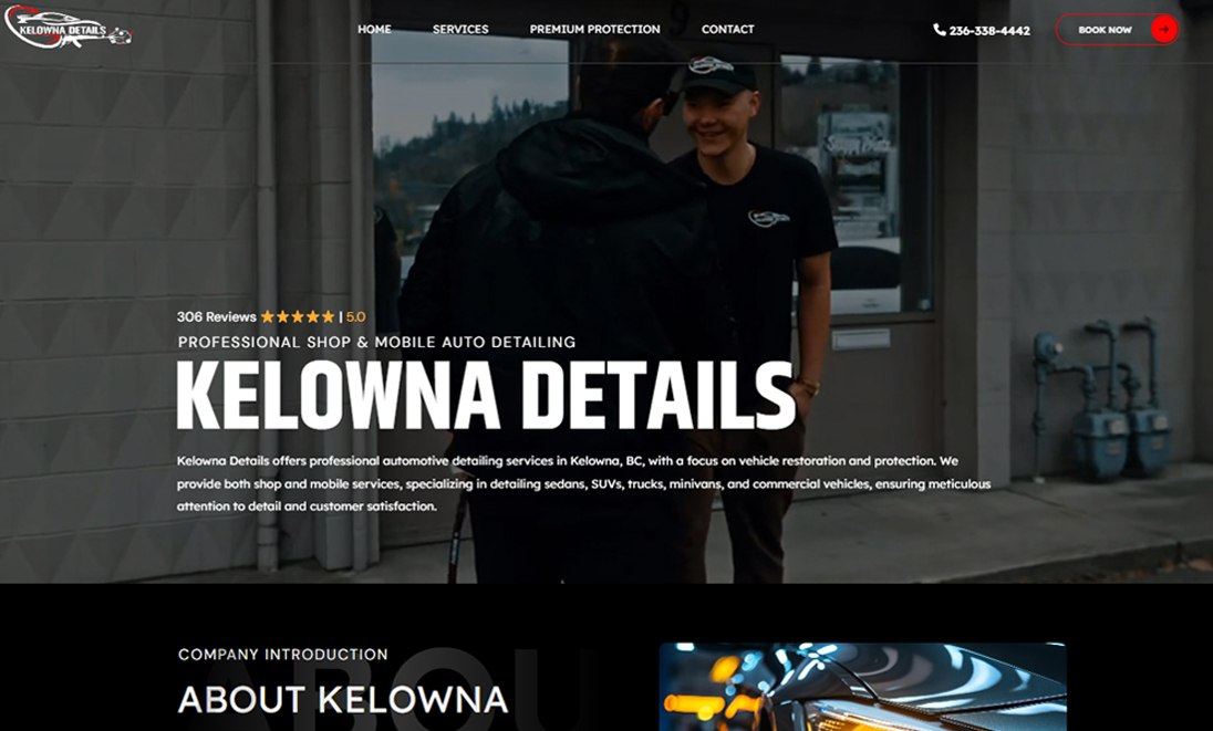 Wide website featured header banner reading Kelowna Details featuring shop detailers next to vehicle hero graphic