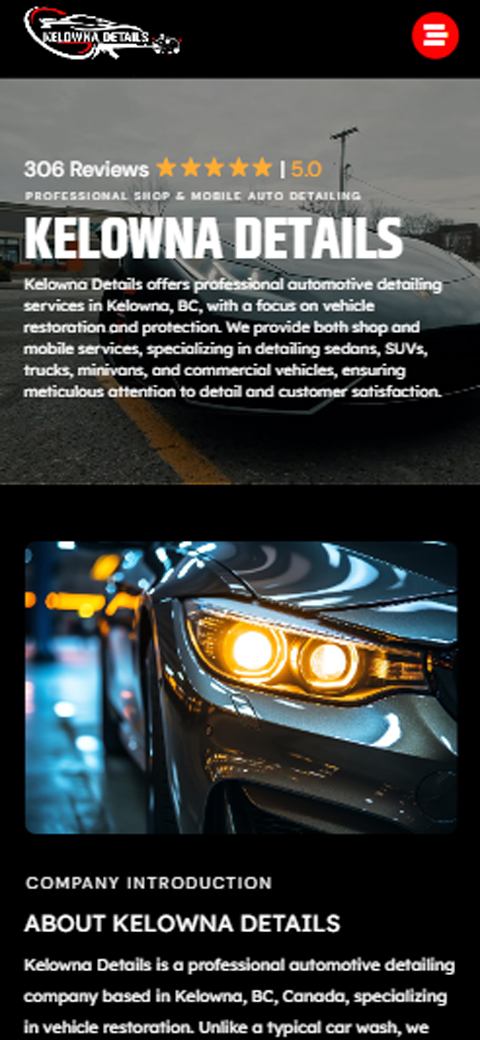Mobile hero card for Kelowna Details showcasing glowing LED car headlight against dark reflective bodywork