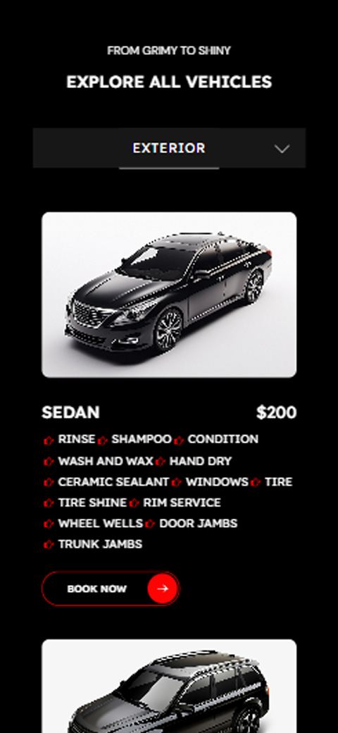 Mobile pricing card for Kelowna Details showing black sedan package starting at $200 with rinse, shampoo, and ceramic sealant inclusions