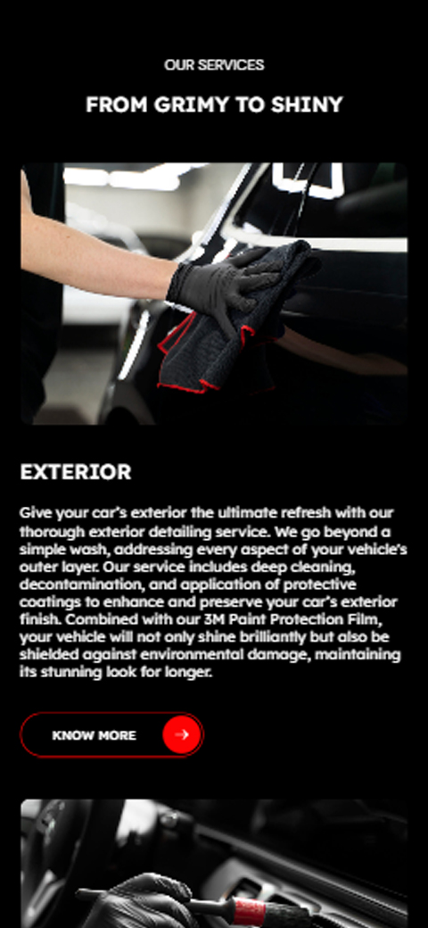 Mobile service card for Kelowna Details reading Exterior featuring deep cleaning, decontamination, and protective coating application