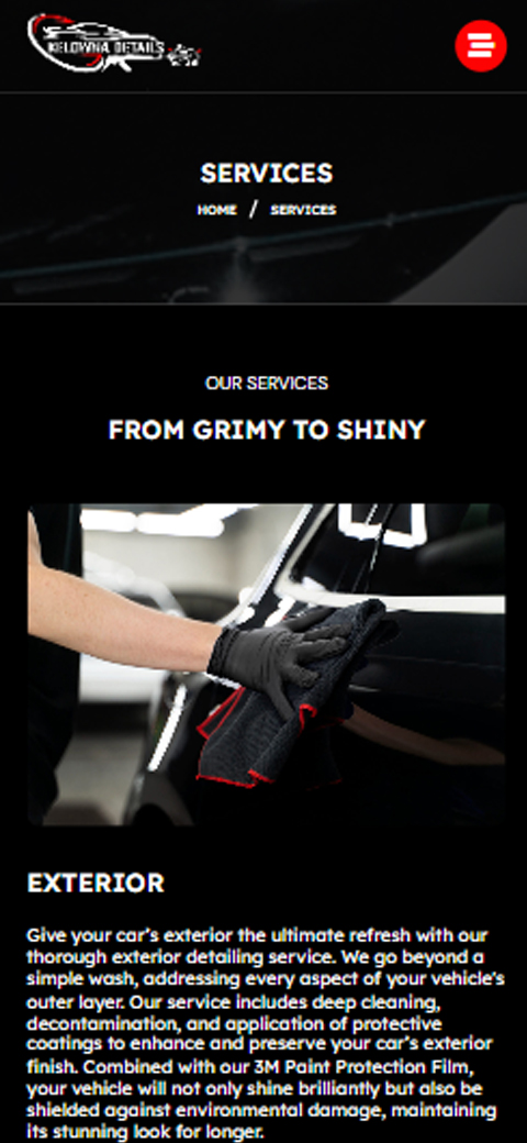 Mobile hero card for Kelowna Details reading Our Services From Grimy To Shiny with gloved hands polishing car surface