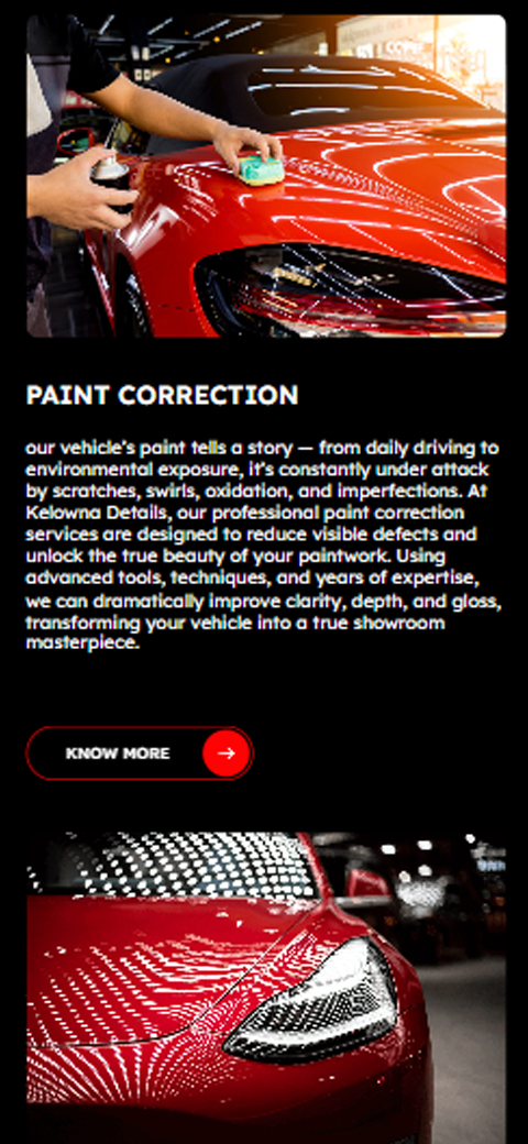 Mobile layout card for Kelowna Details reading Paint Correction detailing scratch reduction and clarity restoration