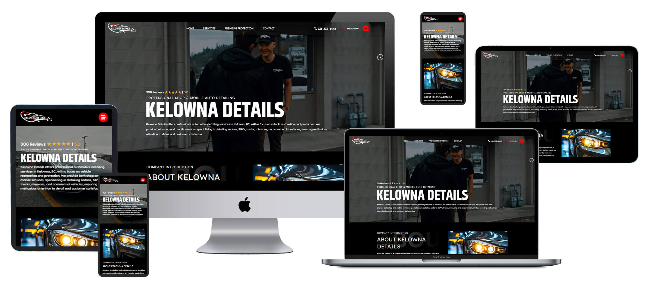 Multi-device screen mockup displaying Kelowna Details website across desktop monitor, laptop, and smartphone
