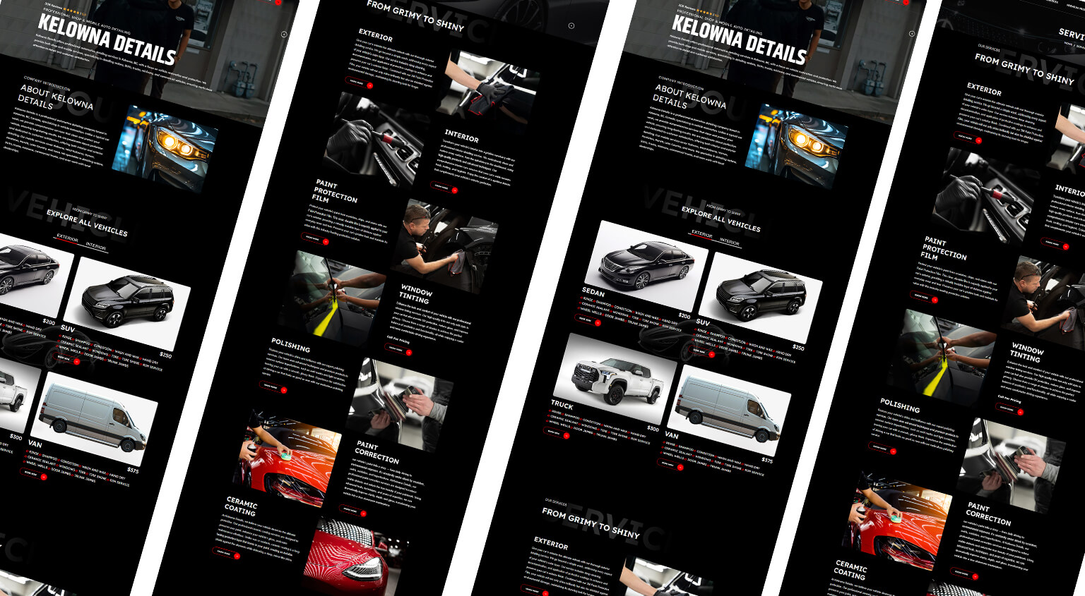 Isometric perspective grid display showing sleek black automotive detailing website layouts for Kelowna Details